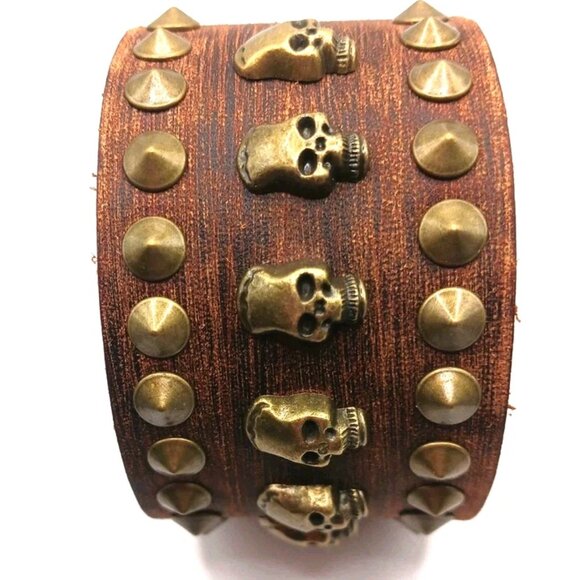 Skull and Spiked Brown Leather Bracelet-New 9 Inches Unisex - Picture 4 of 8